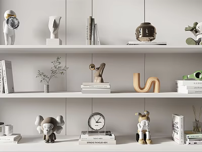 Decorative Ornament Set On White Shelves With Various Sculptures Books Clock And Small Plants 3d model
