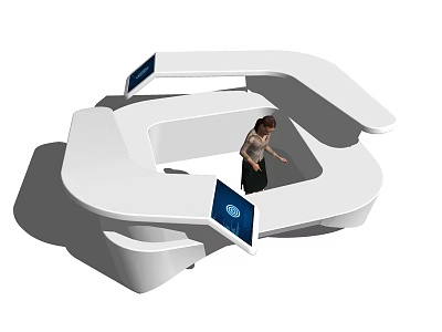 Modern White Curved Reception Desk With Blue Screens And Staff Standing 3d model