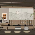 Traditional Japanese Tea Room Interior Design With Mountain Painting Backdrop Wooden Shelf And Tatami Cushions