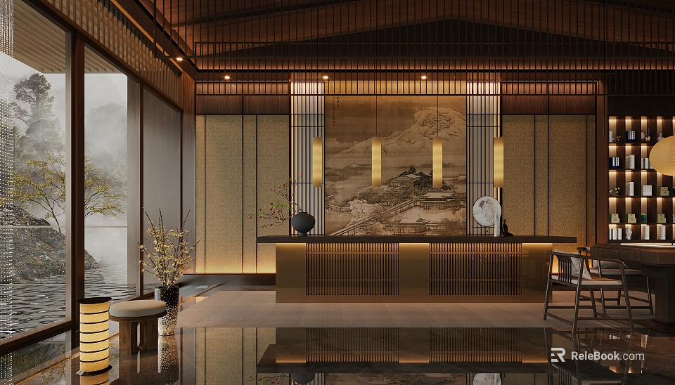 Elegant Traditional Chinese Teahouse Interior With Wooden Beams Warm Lanterns Landscape Painting And Reception Counter 3d model 