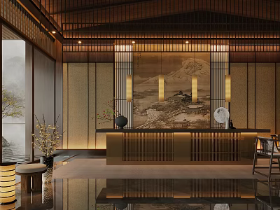 Elegant Traditional Chinese Teahouse Interior With Wooden Beams Warm Lanterns Landscape Painting And Reception Counter 3d model