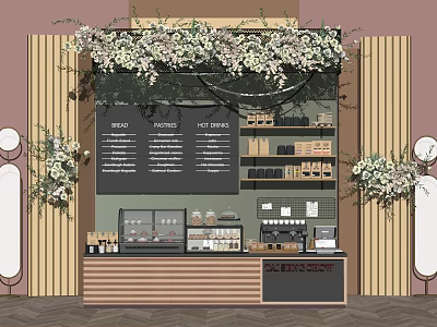Stylish Coffee Shop Functional Counter Featuring Menu Board Flower Decorations and Shelves with Items 3d model