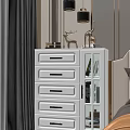 White Chest of Drawers With Golden Handles And Glass Door Cabinet In Bedroom