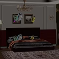 Black Herringbone Headboard Double Bed With Gray Pink Bedding White Red Wall And Chandelier