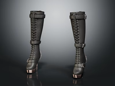 Stylish Black Knee High Boots With Lace Up Buckle Straps And Studded Metallic Block Heels 3d model