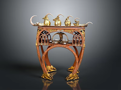 Ornate Vintage Wooden Decorative Table With Gold Accents Carved Legs And Goat Figurines 3d model