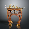 Ornate Vintage Wooden Decorative Table With Gold Accents Carved Legs And Goat Figurines