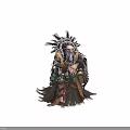 Old Man With Long White Beard In Feathered Robe Holding Skull And Magic Items