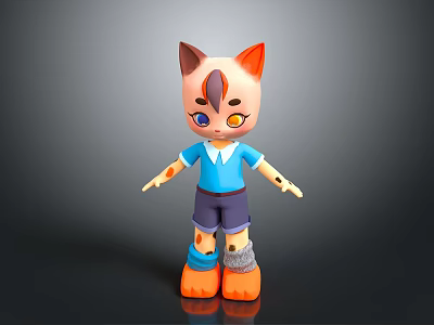 Cute Cartoon Cat Character With Orange Ears Facial Markings Blue Shirt And Orange Shoes 3d model