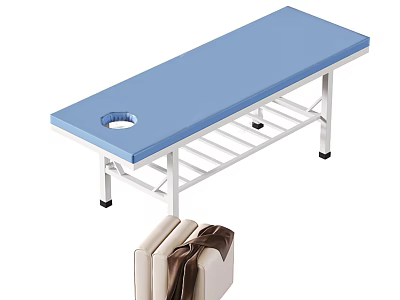 Blue Surface Massage Table With Metal Frame Central Hole And Sofa With Blanket 3d model