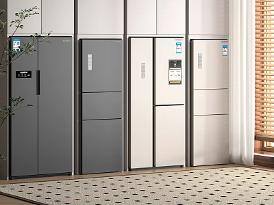 Modern Kitchen Interior Display Featuring Multiple Gray And White Refrigerators And Freezers 3d model
