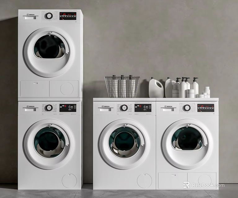 Modern White Washing Machines Stacked And Side By Side With Laundry Detergents And Basket 3d model 
