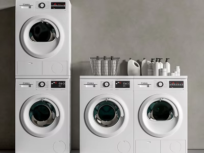 Modern White Washing Machines Stacked And Side By Side With Laundry Detergents And Basket 3d model