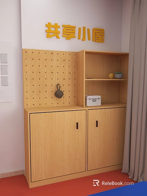 Wooden Decorative Cabinet With Pegboard Open Shelf White Box And Decorative Items 3d model 