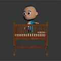 Animated Cartoon Baby Character Standing in Wooden Crib with Blue Clothing