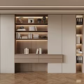Modern Elegant Built in Wooden Bookcase with Layered Shelves Lighting and Decorative Items