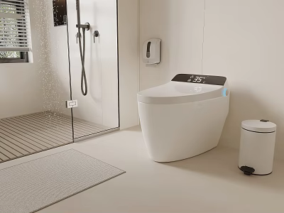 Modern Bathroom Interior With Smart Toilet Glass Shower Enclosure Bath Mat And Waste Bin 3d model