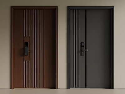 Brown and Black Modern Security Doors with Vertical Stripes Handles and Locks 3d model