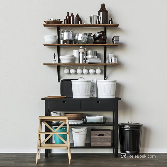Organized Kitchenware Display On Wall Mounted Wooden Shelves With Storage Cabinet And Containers 3d model 