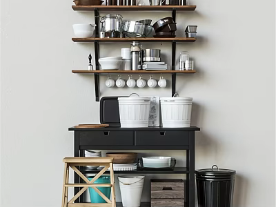 Organized Kitchenware Display On Wall Mounted Wooden Shelves With Storage Cabinet And Containers 3d model