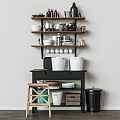 Organized Kitchenware Display On Wall Mounted Wooden Shelves With Storage Cabinet And Containers
