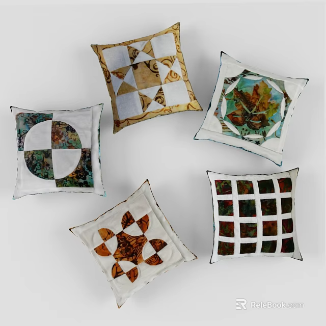 Decorative Throw Pillows Featuring Quilted Patterns and Colorful Designs 3d model