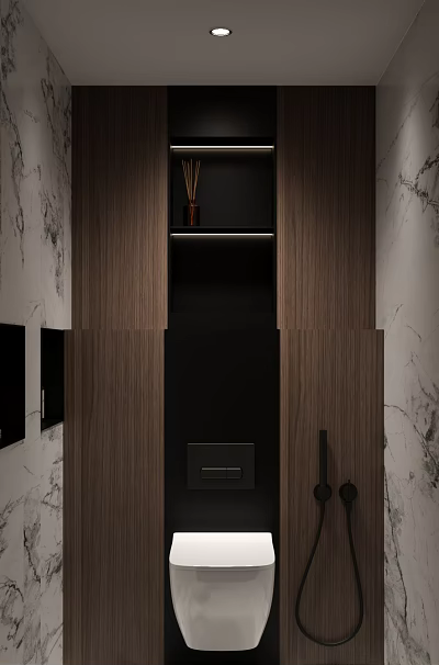 Modern Bathroom Interior With Wooden Panels Black Cabinet And Marble Walls 3d model