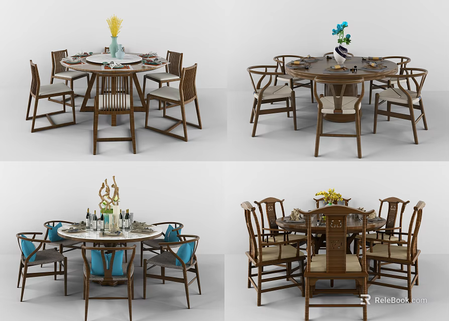 Chinese Round Dining Table Set With Traditional Wooden Chairs And Decorative Items 3d model 