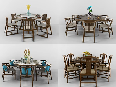 Chinese Round Dining Table Set With Traditional Wooden Chairs And Decorative Items 3d model