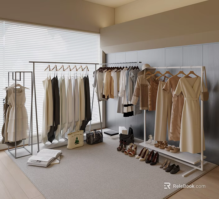 Clothing Rack with Hanging Dresses Coats Shoes and Bags in Modern Indoor Space 3d model 