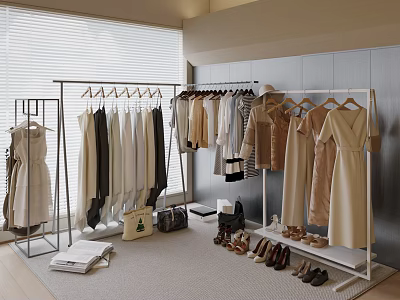 Clothing Rack with Hanging Dresses Coats Shoes and Bags in Modern Indoor Space 3d model