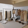Clothing Rack with Hanging Dresses Coats Shoes and Bags in Modern Indoor Space