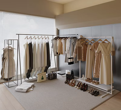 Clothing Rack with Hanging Dresses Coats Shoes and Bags in Modern Indoor Space 3d model