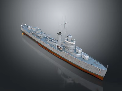 Detailed Grey Warship Model With Turret Mast Hull And Orange Bottom 3d model