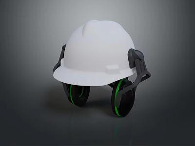 White Safety Helmet With Black Straps Green Lining And Gray Background 3d model