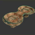 Wooden Decorative Double Bowl Shaped Craftwork With Textured Surface And Green Accents