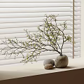 Natural Decorative Arrangement On Window Sill With Stone Vase Twigs And Small Stones Against Blinds
