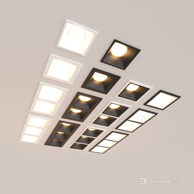 Downlights and Spotlights Neatly Arranged on Ceiling with White and Black Frames Providing Bright Illumination 3d model 