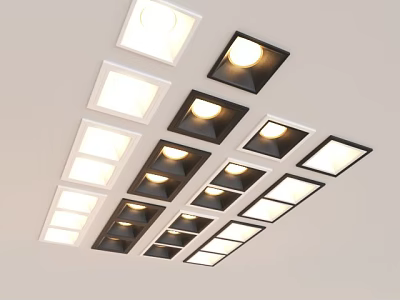 Downlights and Spotlights Neatly Arranged on Ceiling with White and Black Frames Providing Bright Illumination 3d model