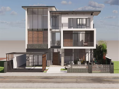 Modern Detached Villa Two Story Exterior With Glass Windows Wooden Panels And Courtyard Greenery 3d model