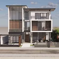 Modern Detached Villa Two Story Exterior With Glass Windows Wooden Panels And Courtyard Greenery