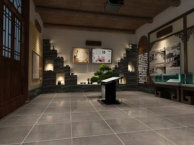 Traditional Chinese Exhibition Hall With Wooden Structure Display Cabinets And Green Plants 3d model