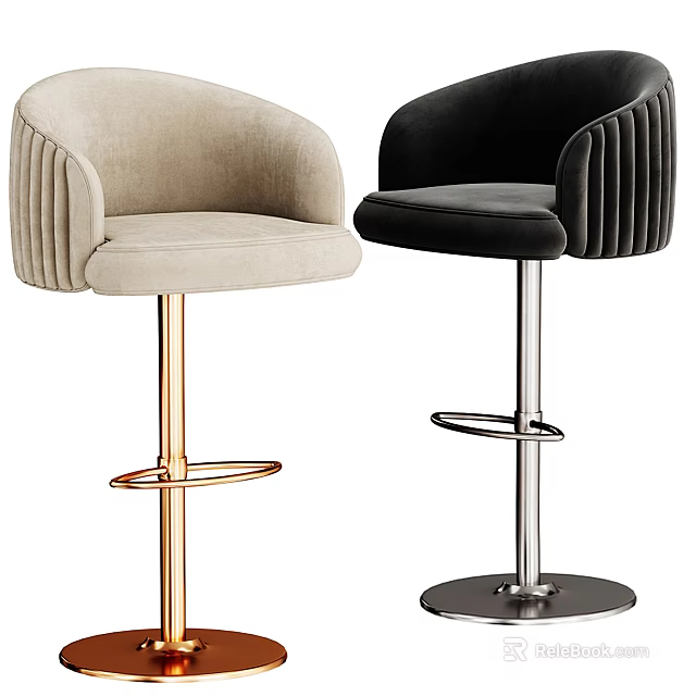 Beige and Black Velvet Bar Stools with Pleated Backrests and Metal Bases 3d model 