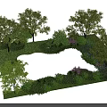 Lush Garden Landscape With Green Trees Shrubs Colorful Flowers And Foliage