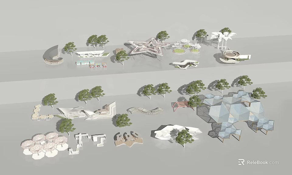 Modern Creative Pergola Design Examples With Various Structures And Outdoor Trees 3d model