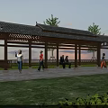 Traditional Style Outdoor Pavilion With Tiled Roof People Walking Resting And Green Lawn