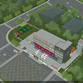 Modern Office Building With Parking Lot Basketball Court And Green Trees Around Road