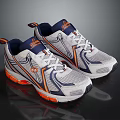 White Blue And Orange Sports Shoes With Mesh Upper And Brand Logo