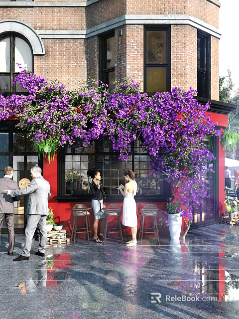 Charming Mall Storefront Adorned With Purple Flowers Red Facade People Gather By Tables Chairs 3d model 