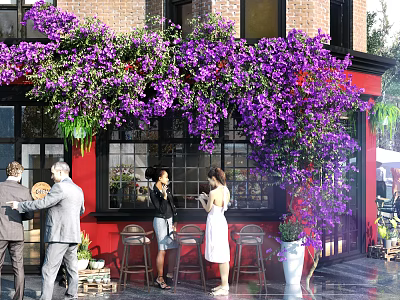 Charming Mall Storefront Adorned With Purple Flowers Red Facade People Gather By Tables Chairs 3d model